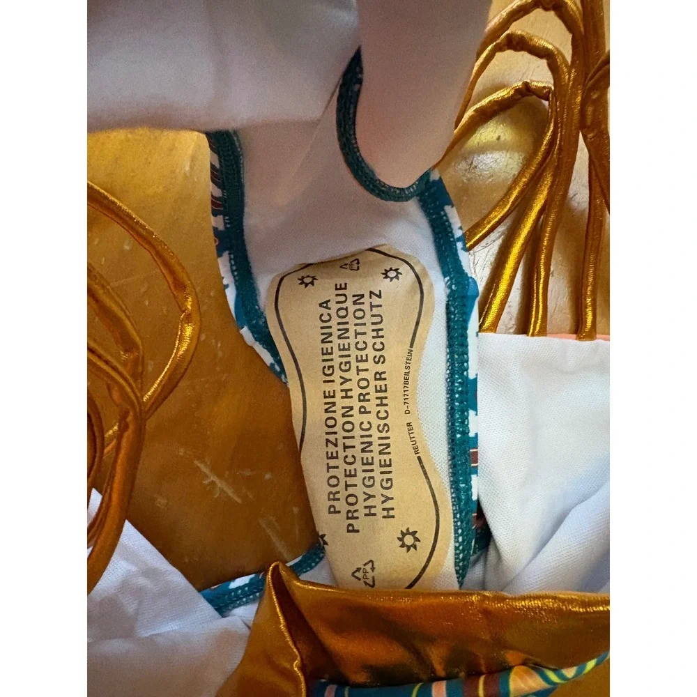 Zando Dashiki Print Strappy Bikini Set Metallic Gold Trim Teal Orange 3XL